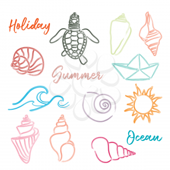 Hand drawn doodle watercolor Seashells and Sea elements set. Vector format