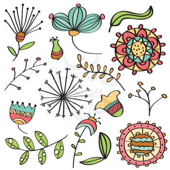Doodle color flowers and leafs collection, vector format