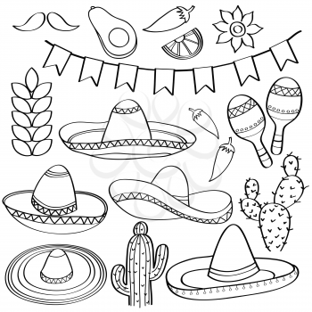 Doodle Mexico symbol collection  isolated in black and white for coloring, vector