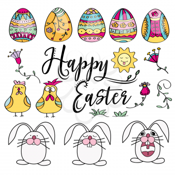 Hand drawn set of Easter design elements. Eggs, chicken, bunny, sun, cloud, flowers. Perfect for holiday decoration and spring greeting cards, Vector illustration , isolated on white