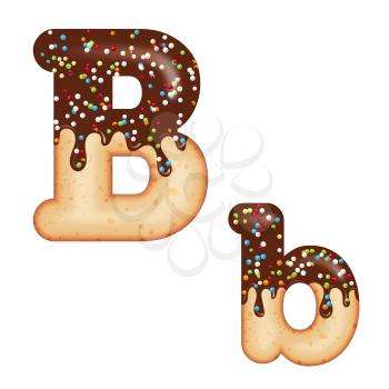 Tempting typography. Font design. Icing letter. Sweet 3D donut  letter B glazed with chocolate cream and candy. Vector