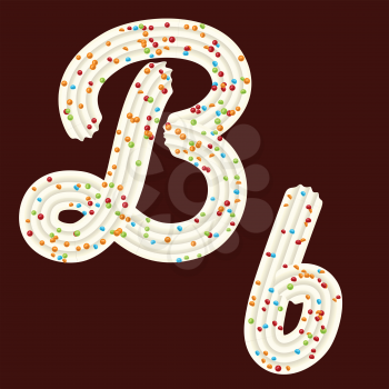 Tempting tipography. Font design. Icing letter. Sweet 3D letter B of the whipped cream and candy. Vector