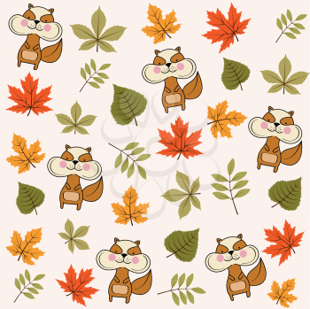 Doodle autumn seamless pattern with leaves and squirrels
