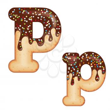 Tempting typography. Font design. Icing letter. Sweet 3D donut  letter P glazed with chocolate cream and candy. Vector