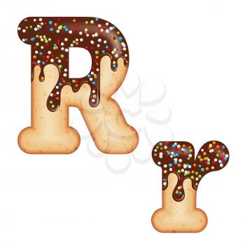 Tempting typography. Font design. Icing letter. Sweet 3D donut  letter R glazed with chocolate cream and candy. Vector