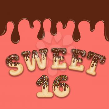 Tempting  typography. Icing text. Sweet sixteen birthday text glazed with chocolate and candy. Donut letters. Vector.