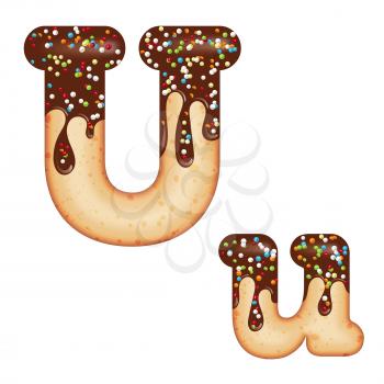 Tempting typography. Font design. Icing letter. Sweet 3D donut  letter U glazed with chocolate cream and candy. Vector