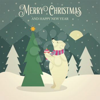 Beautiful flat design retro Christmas card with polar bear that adorns  the Christmas tree. Flat design. Vector
