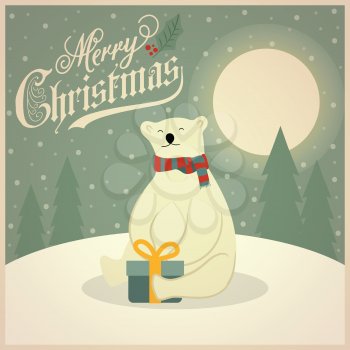 Beautiful retro Christmas card with polar bear and gift box. Flat design. Vector