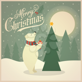 Beautiful flat design retro Christmas card with polar bear that adorns  the Christmas tree. Flat design. Vector