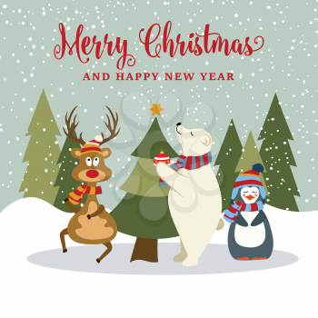 Beautiful flat design Christmas card with reindeer, penguin and polar bear . Christmas poster. Vector