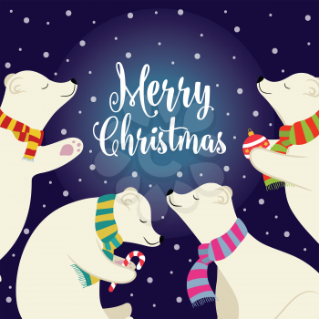 Christmas card with polar bears and wishes. Flat design. Vector