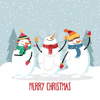 Beautiful flat design Christmas card with joyful snowman . Christmas poster. Vector