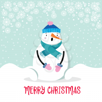 Beautiful flat design Christmas card snowman . Christmas poster. Vector