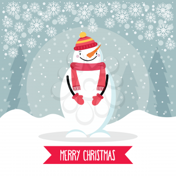Beautiful flat design Christmas card with snowman. Christmas poster. Vector