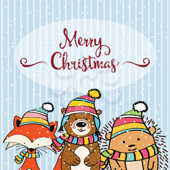 Doodle Christmas card with funny dressed animals, fox, hedgehog and bear