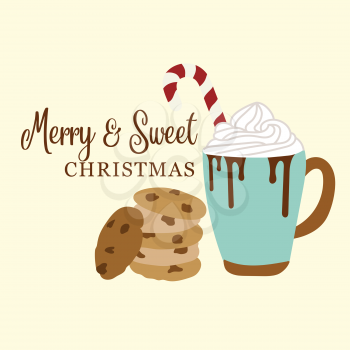 Cute Christmas card with hot chocolate and cookies. Christmas poster, vector