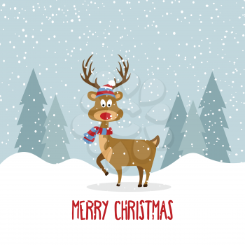 Beautiful flat design Christmas card with reindeer . Christmas poster. Vector