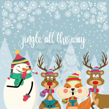 Beautiful flat design Christmas card with squirrel, reindeers and snowman. Christmas poster. Vector