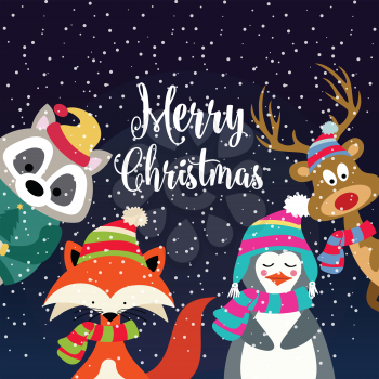 Christmas card with cute dressed animals and wishes. Flat design. Vector