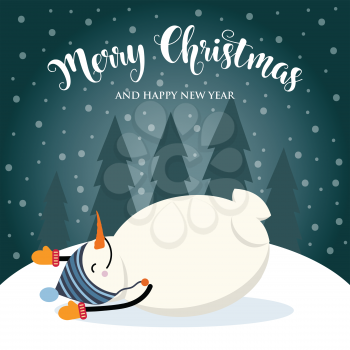 Christmas card with cute snowman and wishes. Flat design. Vector