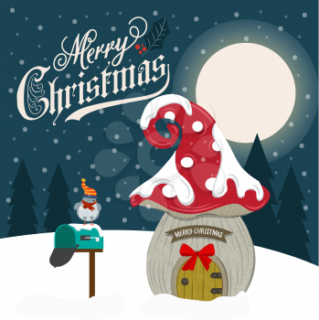 Beautiful flat design Christmas card with fairy house.
