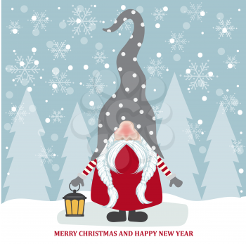 Christmas card with cute gnome. Flat design. Vector