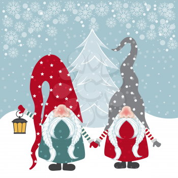 Beautiful flat design Christmas card with happy gnomes. Christmas poster. Vector