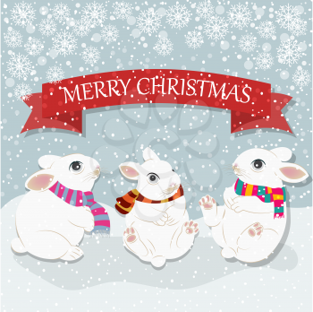 Christmas card with cute rabbits. Christmas background. Flat design. Vector