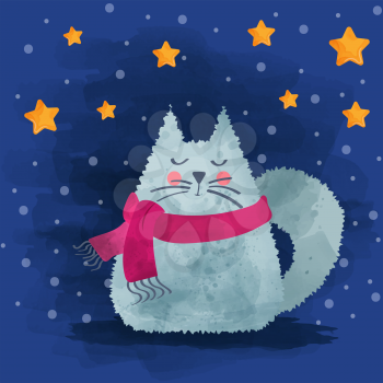 Cute watercolor cat in winter. Christmas card. Vector