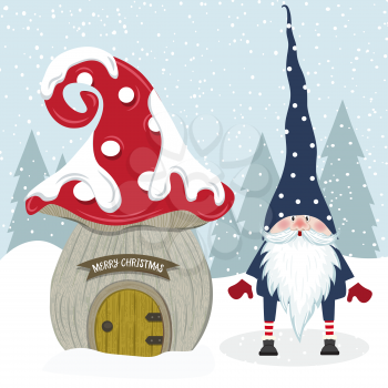 Cute Christmas gnome and her mushroom house. Flat design. 