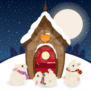 Cute Christmas scene with gnome house and happy bunnies