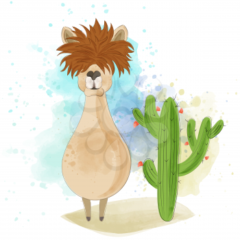 Watercolor funny llama near a cactus