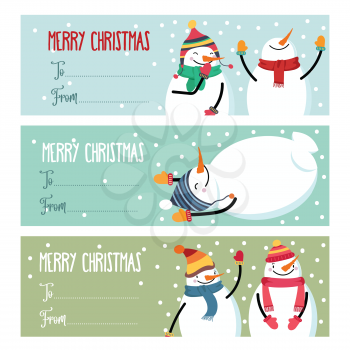 Cute flat design Christmas labels collection with snowman isolated on white background for presents. Vector