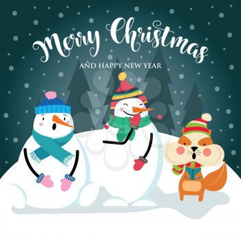 Christmas card with cute squirrel, snowman and wishes. Flat design. Vector