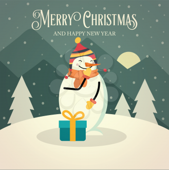 Beautiful retro Christmas card with snowman and gift box. Flat design. Vector