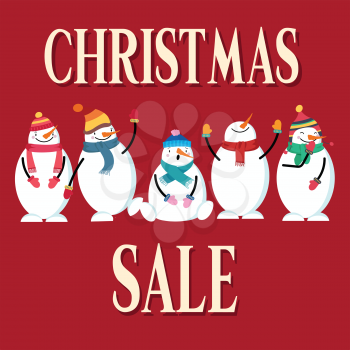 Christmas sale poster with snowman. Flat design. Vector
