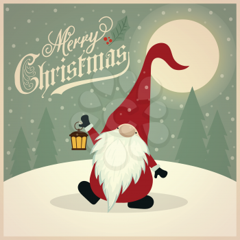 Beautiful retro Christmas card with gnome. Flat design. Vector