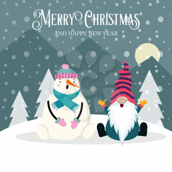Beautiful  Christmas card with gnome and snowman. Flat design. Vector