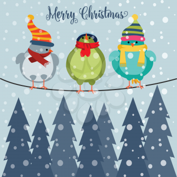Christmas card with birds on wire. Christmas background. Flat design. Vector