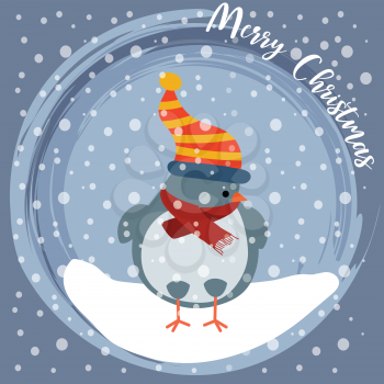 Christmas card with little bird. Flat design. Vector