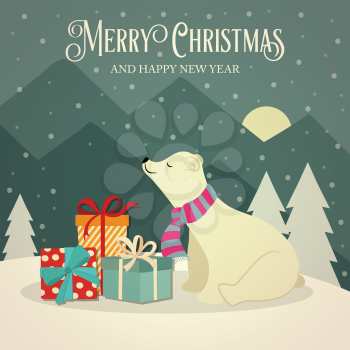 retro Christmas card with polar bears  and presents. Flat design. Vector