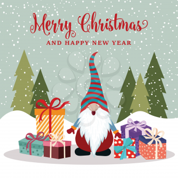 Christmas card with happy gnome and presents . Christmas poster. Vector