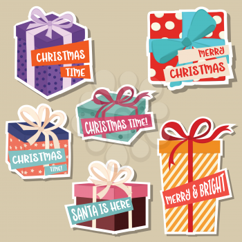 Christmas stickers collection with gift boxes. Isolated items