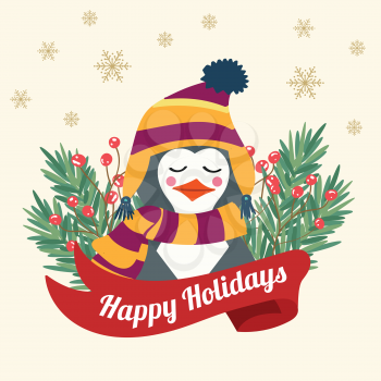 Christmas card with tree braches and dressed penguin. Flat design