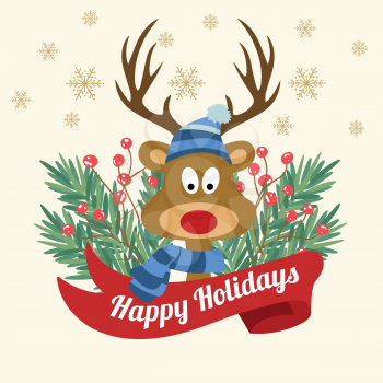 Funny Christmas card with tree branches and reindeer. Christmas  greeting card