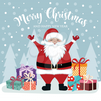 Christmas card with cute Santa and gift boxes. Flat design. Vector