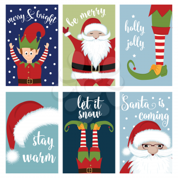 Christmas card collection with Santa and elves. Labels. Stickers. Flat design