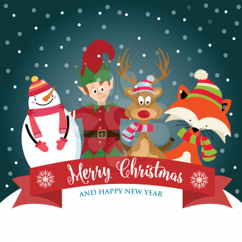 Christmas card with cute elf, snowman, reindeer and squirrel. Flat design. Vector