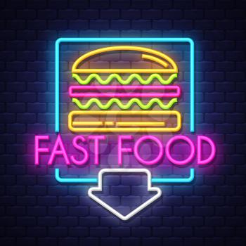 Fast Food- Neon Sign Vector. Fast Food-  Badge in neon style on brick wall background, design element, light banner, announcement neon signboard, night advensing. Vector Illustration